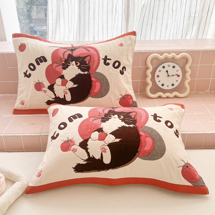 91家纺网 家纺一手货源 找家纺 朴尔家纺-毛巾被 2026新款多彩八层全棉纯棉加厚纱布枕巾 西红柿猫