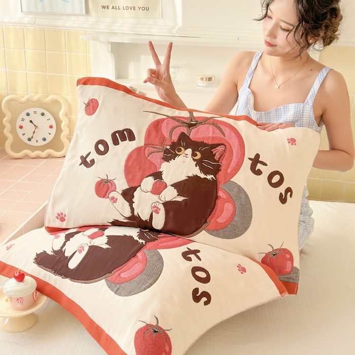 91家纺网 家纺一手货源 找家纺 朴尔家纺-毛巾被 2026新款多彩八层全棉纯棉加厚纱布枕巾 西红柿猫