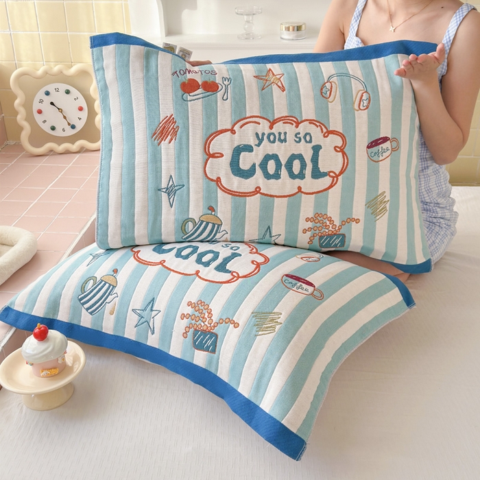 91家纺网 家纺一手货源 找家纺 朴尔家纺-毛巾被 2026新款多彩八层全棉纯棉加厚纱布枕巾 彩色蓝条纹