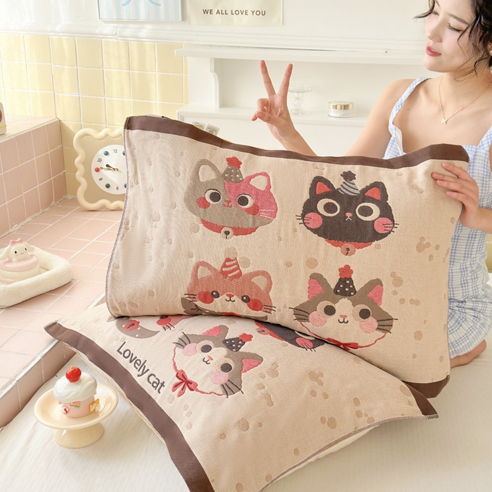 91家纺网 家纺一手货源 找家纺 朴尔家纺-毛巾被 2026新款多彩八层全棉纯棉加厚纱布枕巾 酷酷猫