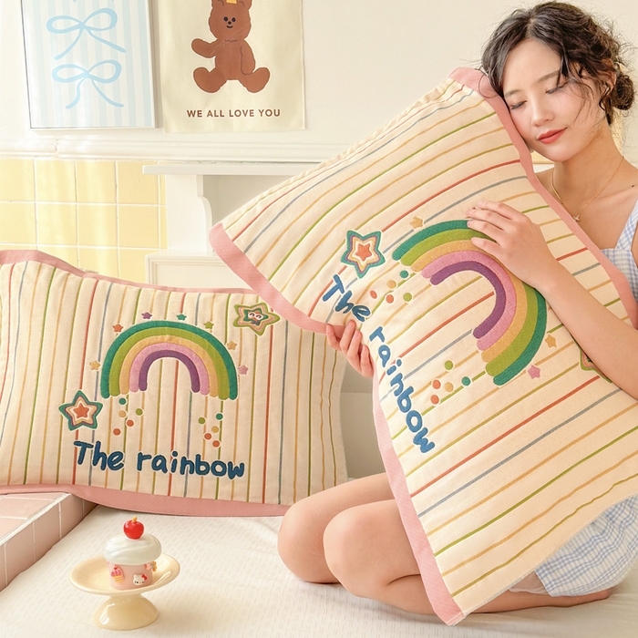 91家纺网 家纺一手货源 找家纺 朴尔家纺-毛巾被 2026新款多彩八层全棉纯棉加厚纱布枕巾 彩虹糖果