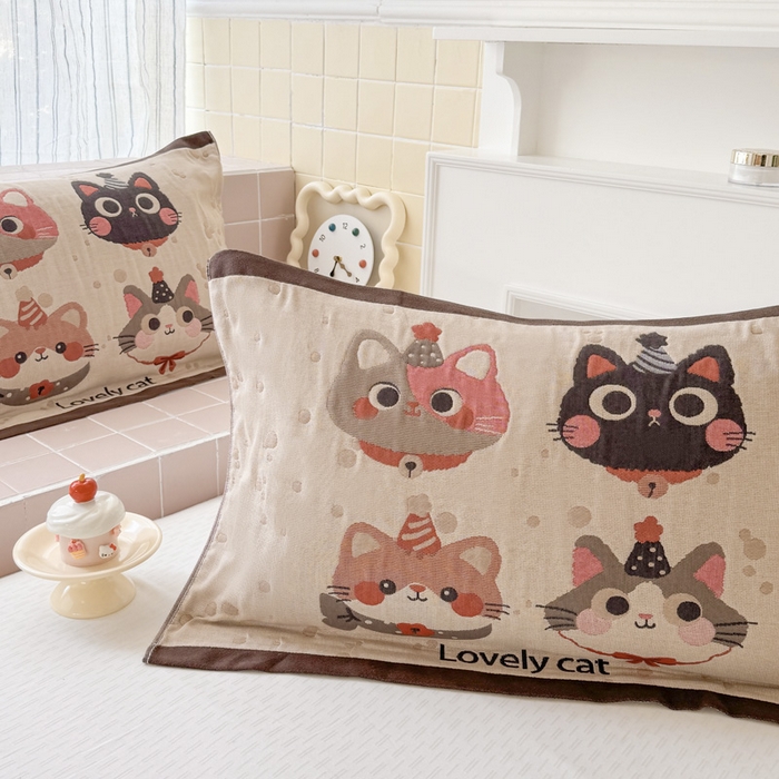 91家纺网 家纺一手货源 找家纺 朴尔家纺-毛巾被 2026新款多彩八层全棉纯棉加厚纱布枕巾 酷酷猫