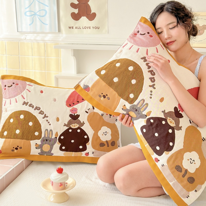 91家纺网 家纺一手货源 找家纺 朴尔家纺-毛巾被 2026新款多彩八层全棉纯棉加厚纱布枕巾 花花兔