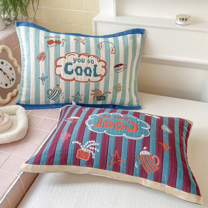 91家纺网 家纺一手货源 找家纺 朴尔家纺-毛巾被 2026新款多彩八层全棉纯棉加厚纱布枕巾 彩色蓝条纹