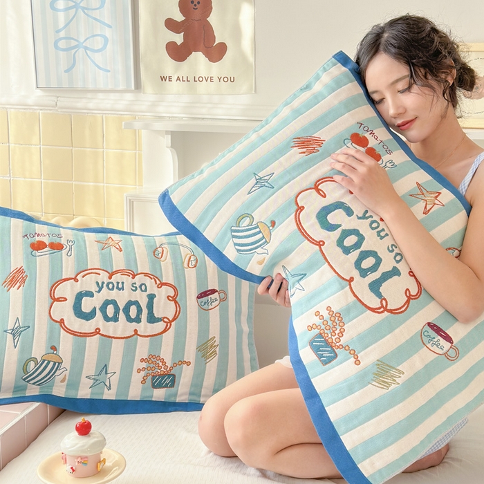 91家纺网 家纺一手货源 找家纺 朴尔家纺-毛巾被 2026新款多彩八层全棉纯棉加厚纱布枕巾 彩色蓝条纹