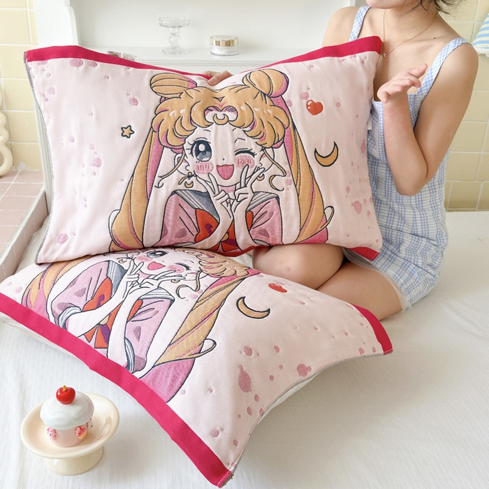 91家纺网 家纺一手货源 找家纺 朴尔家纺-毛巾被 2026新款多彩八层全棉纯棉加厚纱布枕巾 元气少女-粉