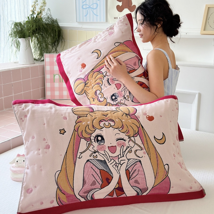 91家纺网 家纺一手货源 找家纺 朴尔家纺-毛巾被 2026新款多彩八层全棉纯棉加厚纱布枕巾 元气少女-粉