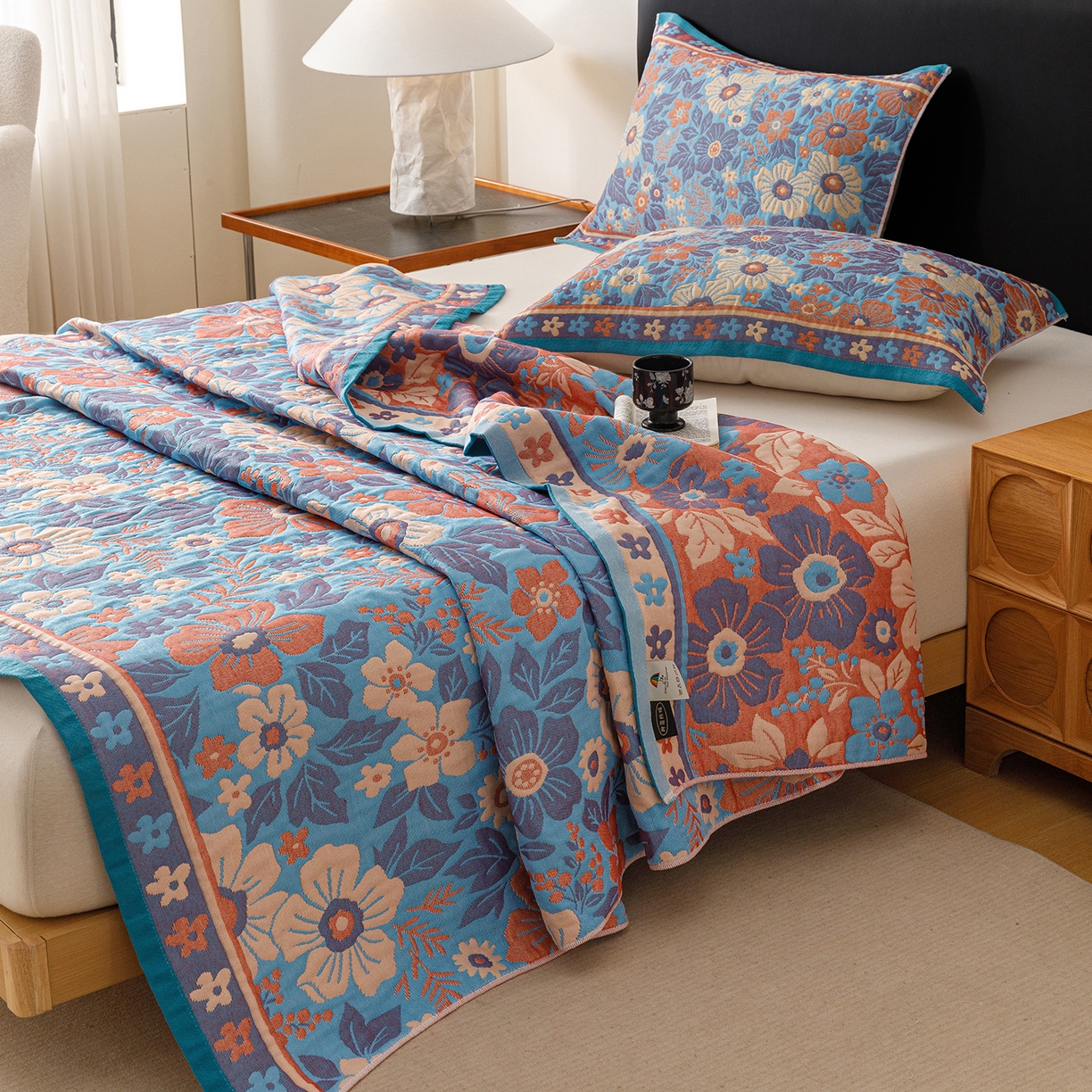 91家纺网 家纺一手货源 找家纺 朴尔家纺-毛巾被 2026新款彩棉云柔棉三层纱布毛巾被 花自盛开