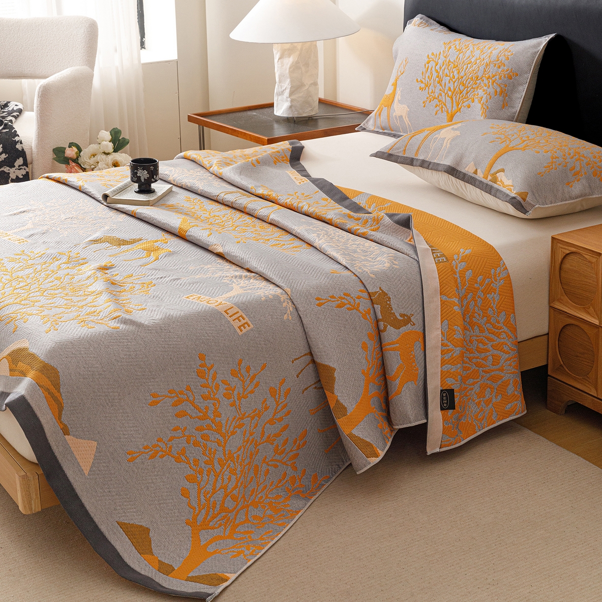 91家纺网 家纺一手货源 找家纺 朴尔家纺-毛巾被 2026新款彩棉云柔棉三层纱布毛巾被 幸运鹿