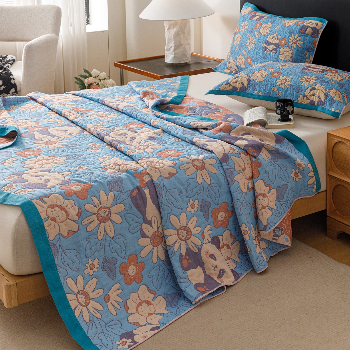 91家纺网 家纺一手货源 找家纺 朴尔家纺-毛巾被 2026新款彩棉云柔棉三层纱布毛巾被 熊猫派对