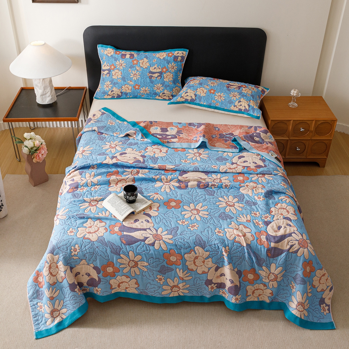 91家纺网 家纺一手货源 找家纺 朴尔家纺-毛巾被 2026新款彩棉云柔棉三层纱布毛巾被 熊猫派对