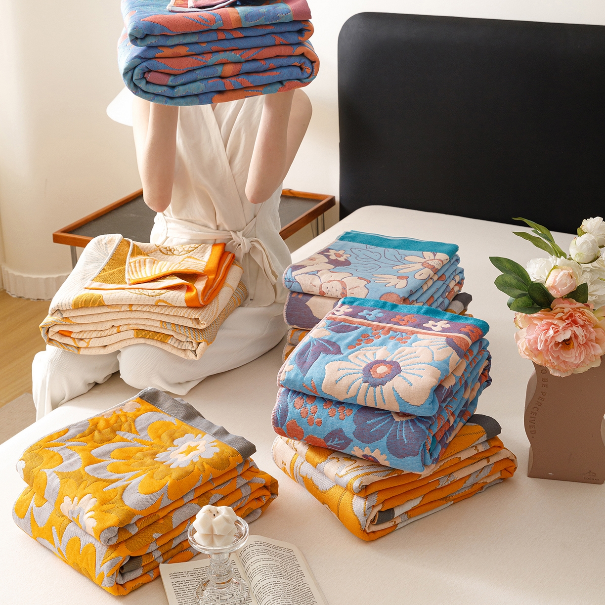 91家纺网 家纺一手货源 找家纺 朴尔家纺-毛巾被 2026新款彩棉云柔棉三层纱布毛巾被 组合图仅做展示不可下单