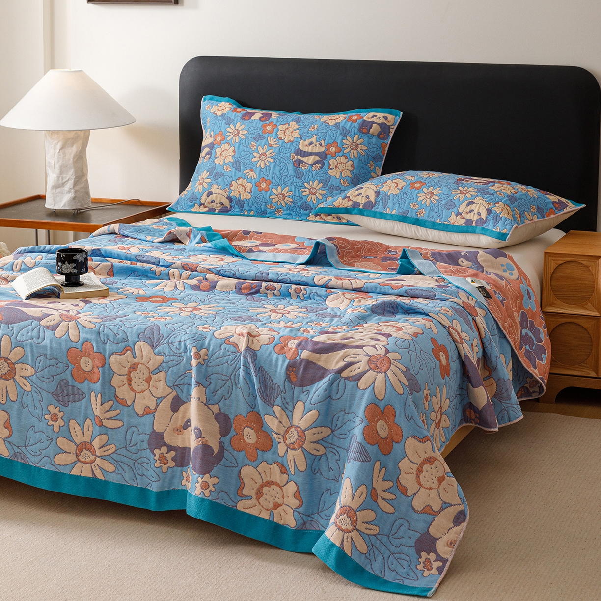 91家纺网 家纺一手货源 找家纺 朴尔家纺-毛巾被 2026新款彩棉云柔棉三层纱布毛巾被 熊猫派对