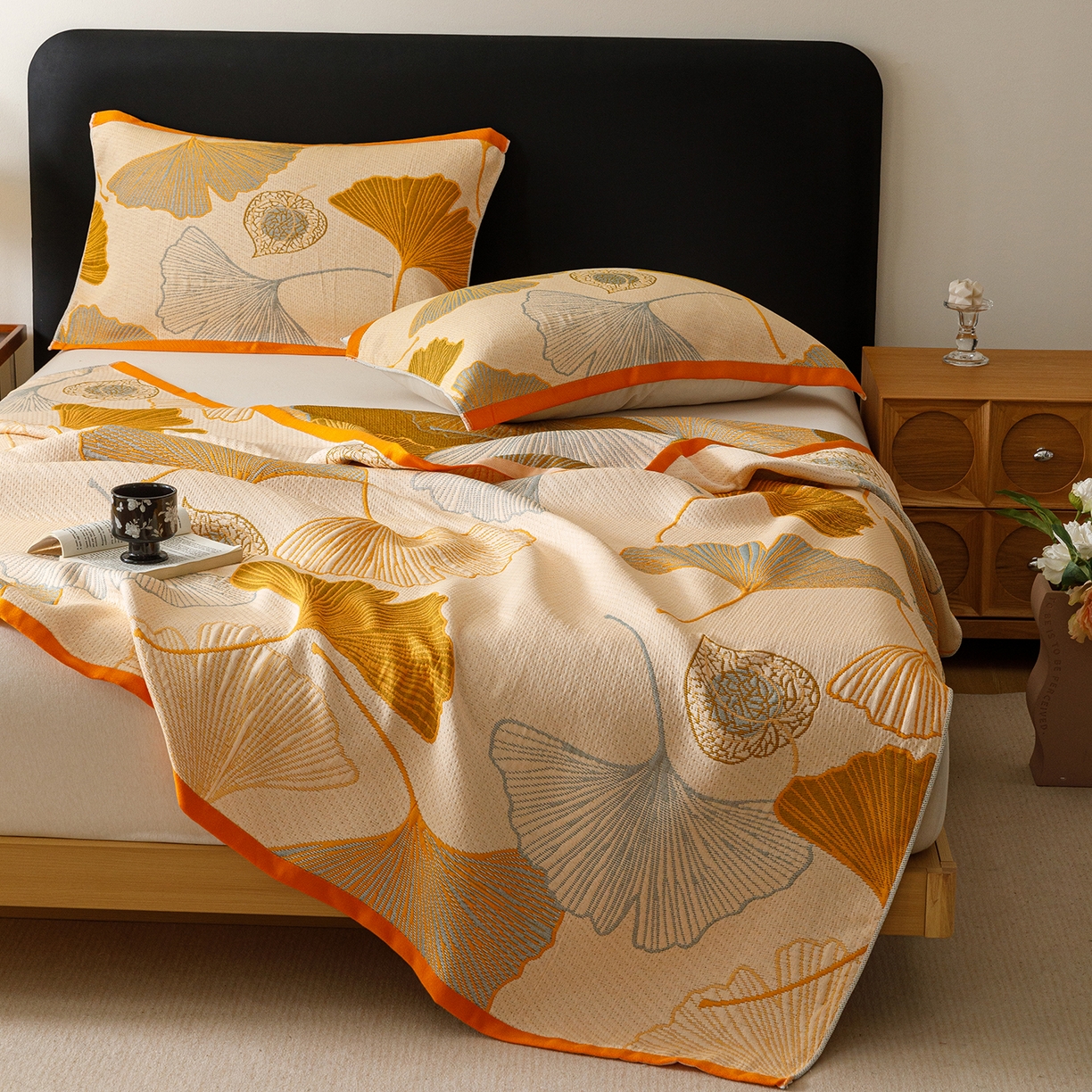 91家纺网 家纺一手货源 找家纺 朴尔家纺-毛巾被 2026新款彩棉云柔棉三层纱布毛巾被 银杏知秋