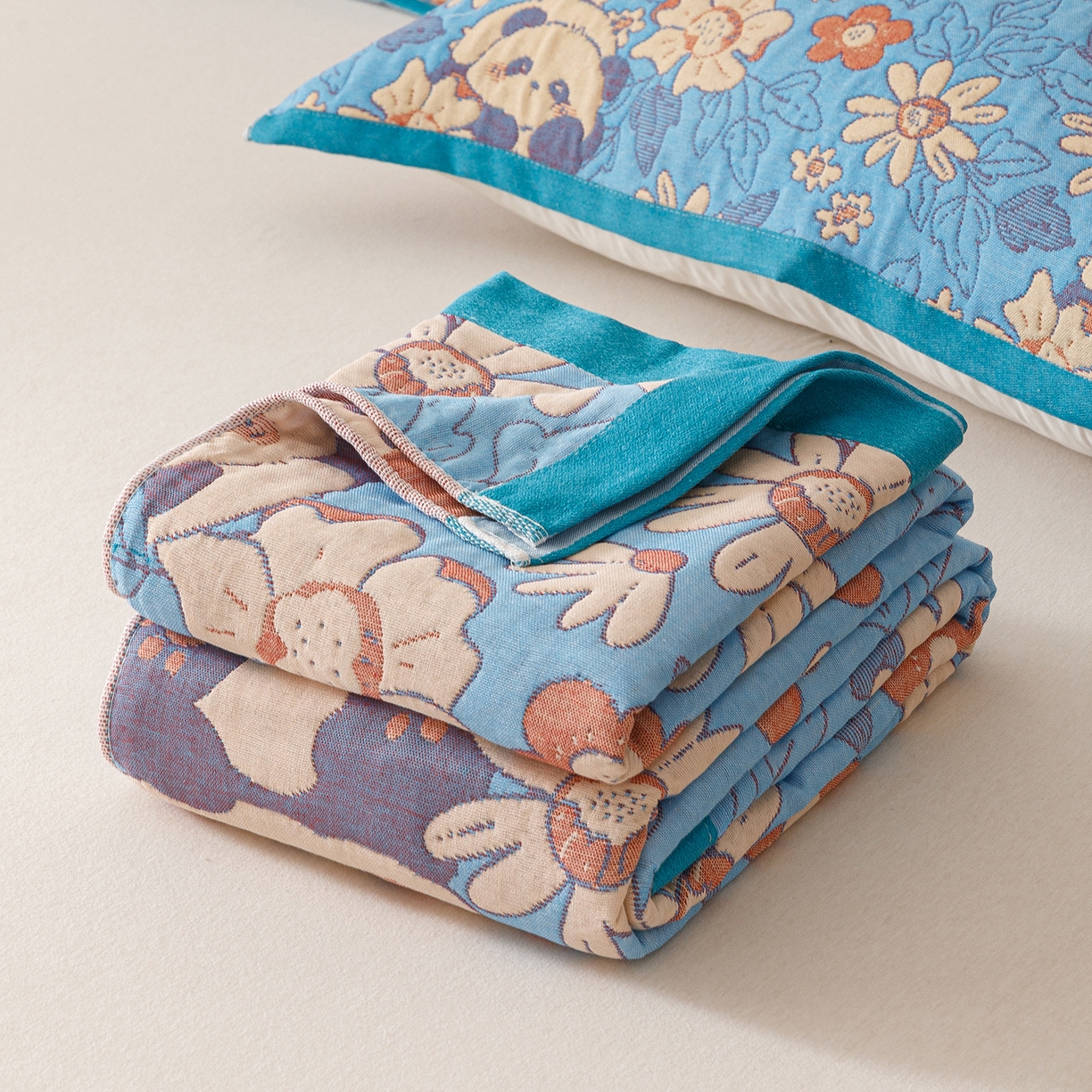 91家纺网 家纺一手货源 找家纺 朴尔家纺-毛巾被 2026新款彩棉云柔棉三层纱布毛巾被 熊猫派对