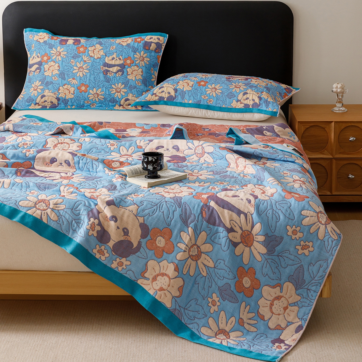 91家纺网 家纺一手货源 找家纺 朴尔家纺-毛巾被 2026新款彩棉云柔棉三层纱布毛巾被 熊猫派对