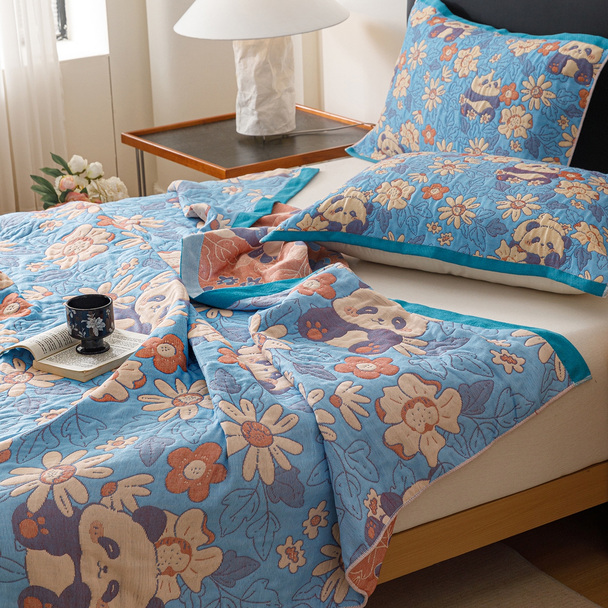 91家纺网 家纺一手货源 找家纺 朴尔家纺-毛巾被 2026新款彩棉云柔棉三层纱布毛巾被 熊猫派对