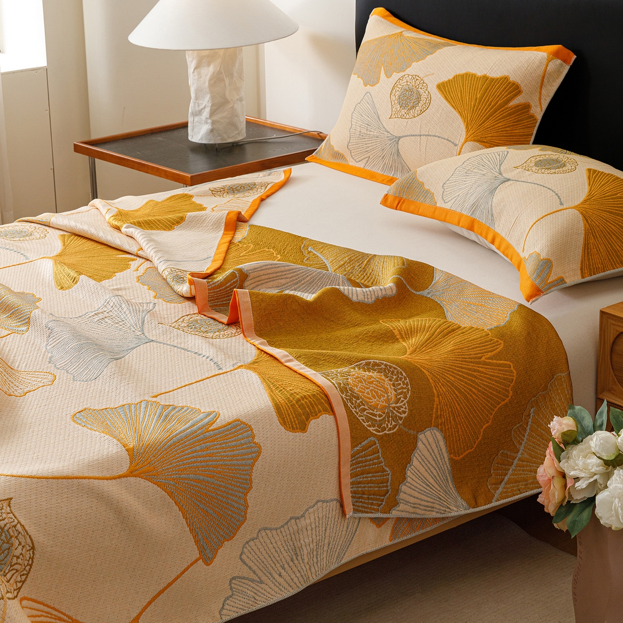 91家纺网 家纺一手货源 找家纺 朴尔家纺-毛巾被 2026新款彩棉云柔棉三层纱布毛巾被 银杏知秋