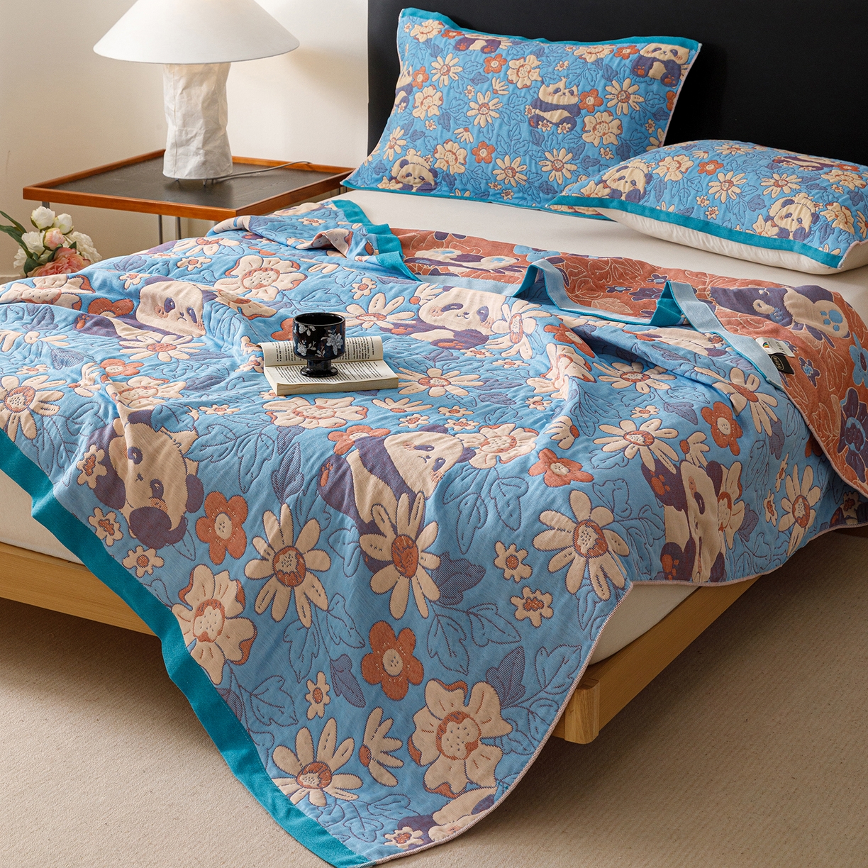 91家纺网 家纺一手货源 找家纺 朴尔家纺-毛巾被 2026新款彩棉云柔棉三层纱布毛巾被 熊猫派对