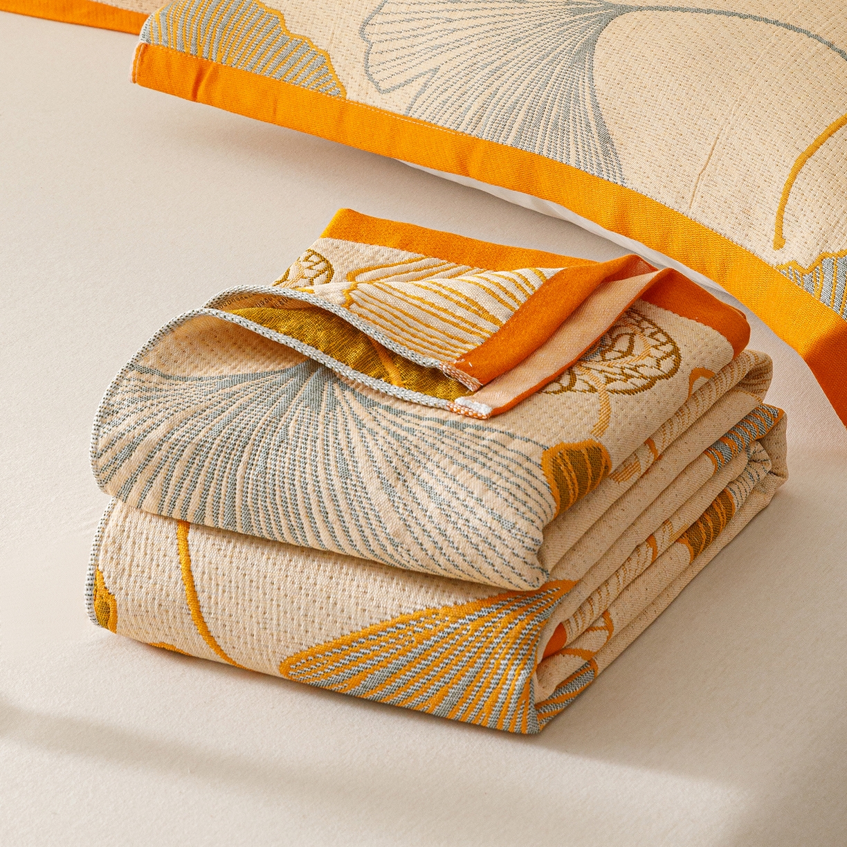 91家纺网 家纺一手货源 找家纺 朴尔家纺-毛巾被 2026新款彩棉云柔棉三层纱布毛巾被 银杏知秋