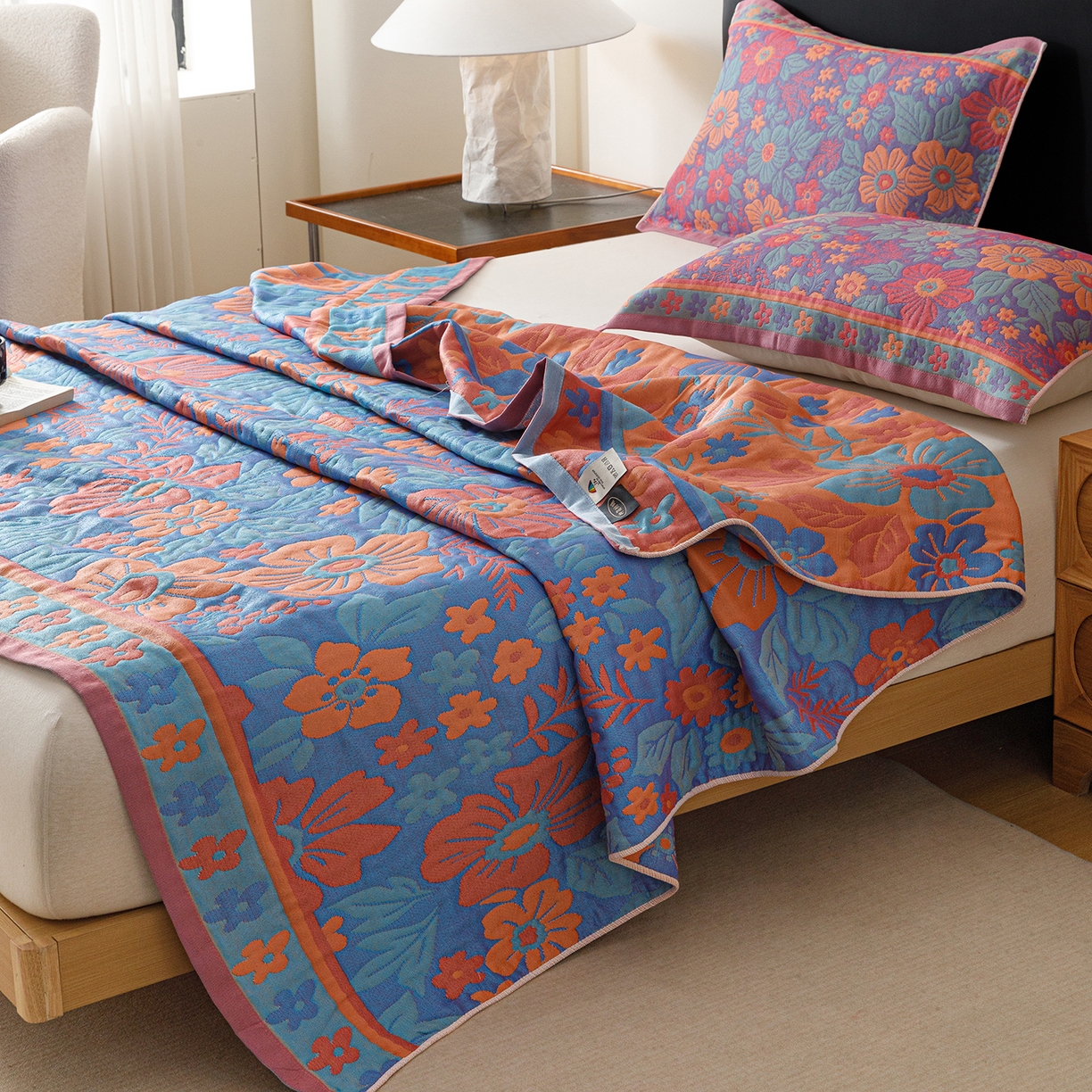 朴尔家纺-毛巾被 2026新款彩棉云柔棉三层纱布毛巾被 物语花聚