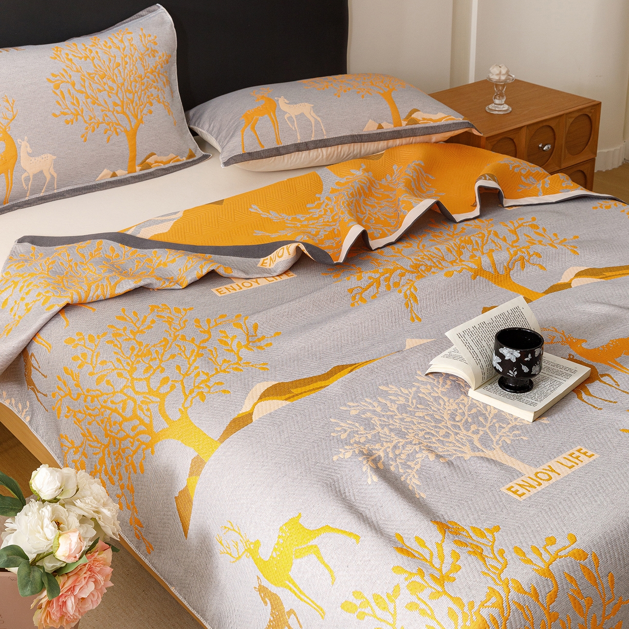 91家纺网 家纺一手货源 找家纺 朴尔家纺-毛巾被 2026新款彩棉云柔棉三层纱布毛巾被 幸运鹿