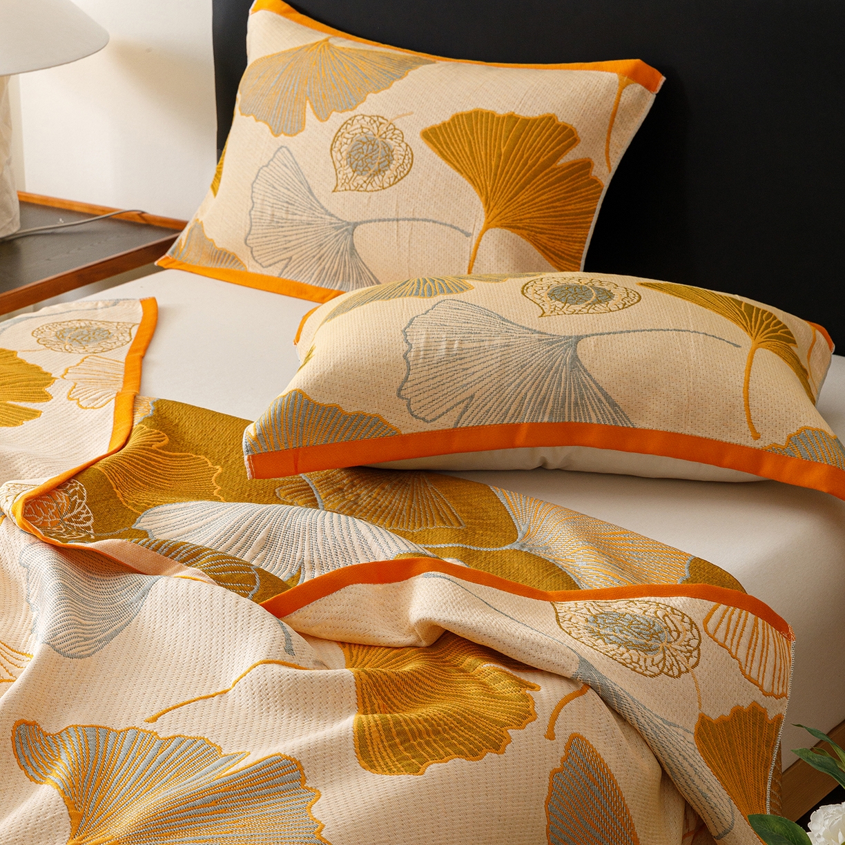 91家纺网 家纺一手货源 找家纺 朴尔家纺-毛巾被 2026新款彩棉云柔棉三层纱布毛巾被 银杏知秋