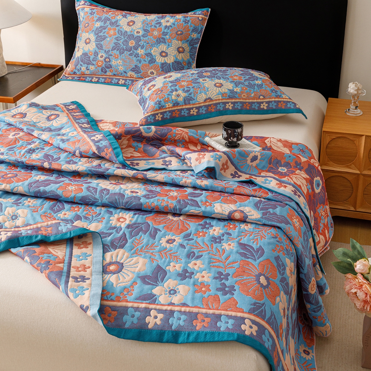 91家纺网 家纺一手货源 找家纺 朴尔家纺-毛巾被 2026新款彩棉云柔棉三层纱布毛巾被 花自盛开