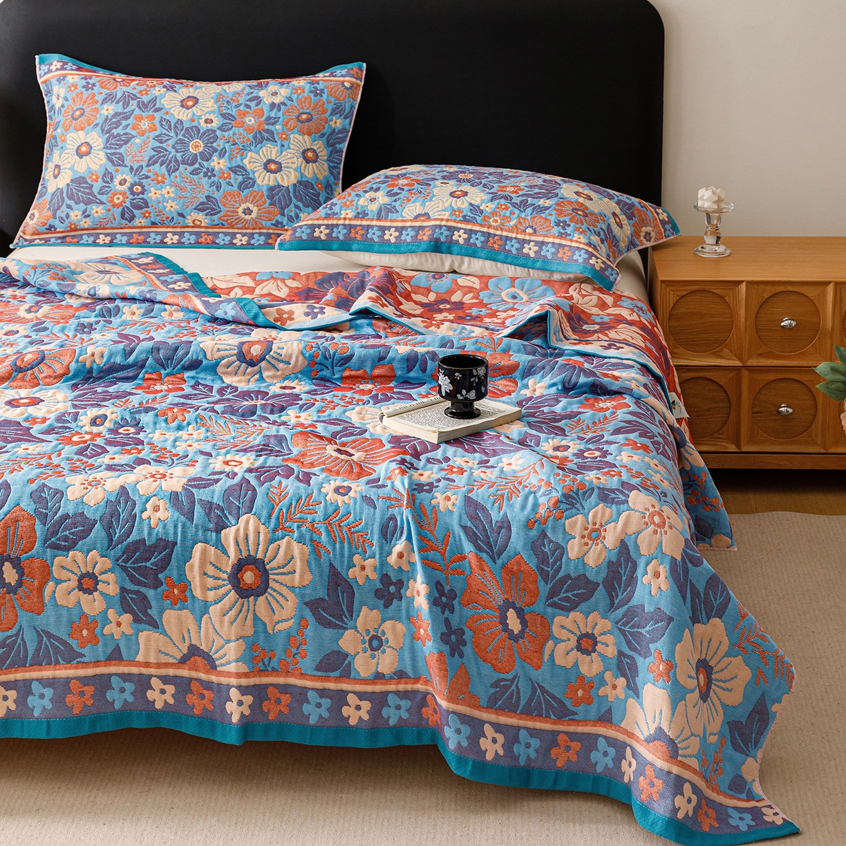 91家纺网 家纺一手货源 找家纺 朴尔家纺-毛巾被 2026新款彩棉云柔棉三层纱布毛巾被 花自盛开