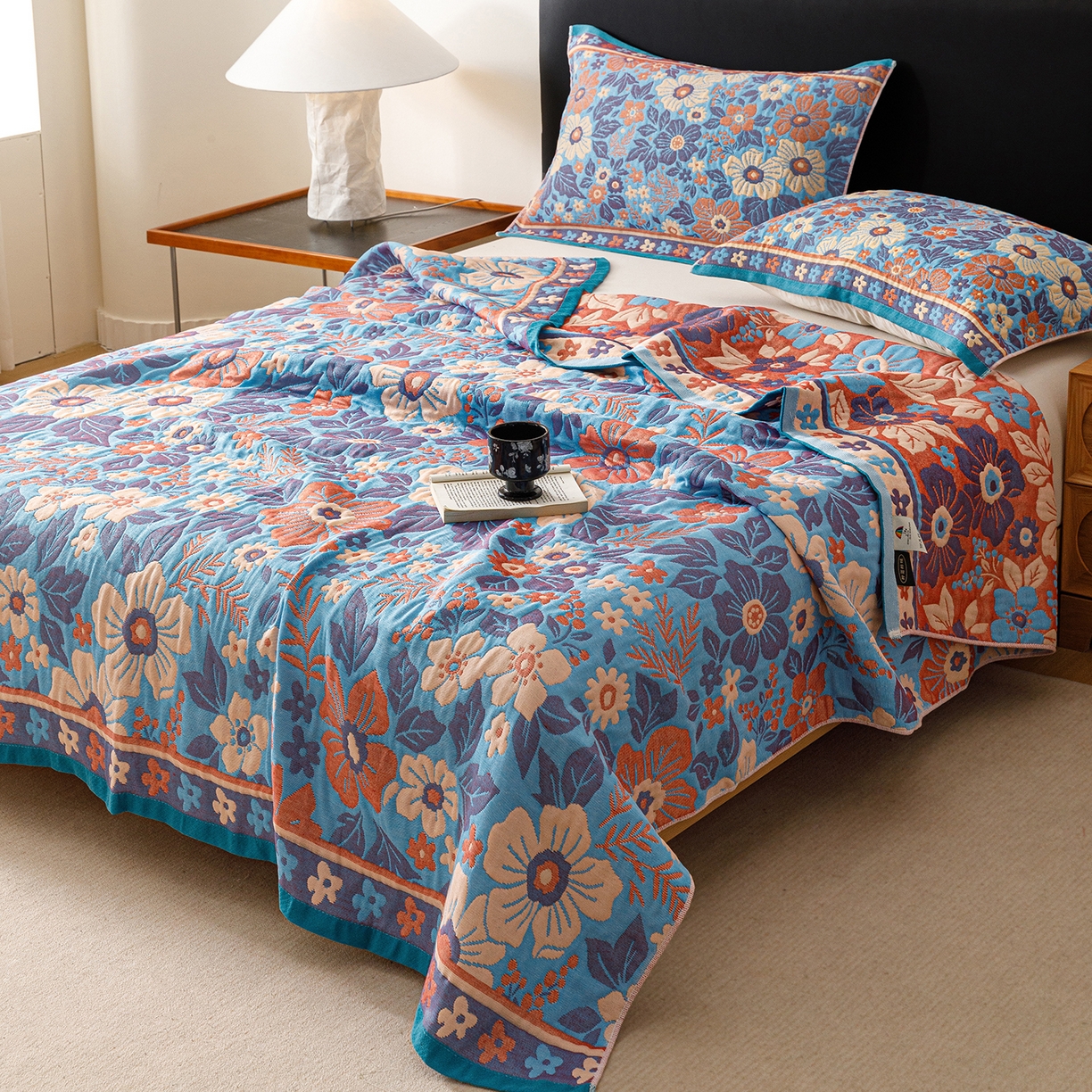 91家纺网 家纺一手货源 找家纺 朴尔家纺-毛巾被 2026新款彩棉云柔棉三层纱布毛巾被 花自盛开