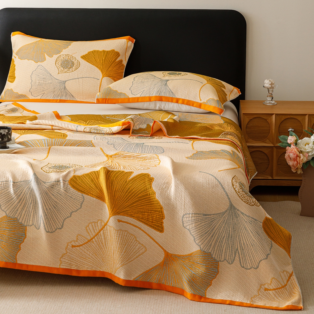 91家纺网 家纺一手货源 找家纺 朴尔家纺-毛巾被 2026新款彩棉云柔棉三层纱布毛巾被 银杏知秋