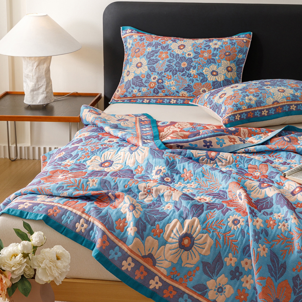 91家纺网 家纺一手货源 找家纺 朴尔家纺-毛巾被 2026新款彩棉云柔棉三层纱布毛巾被 花自盛开