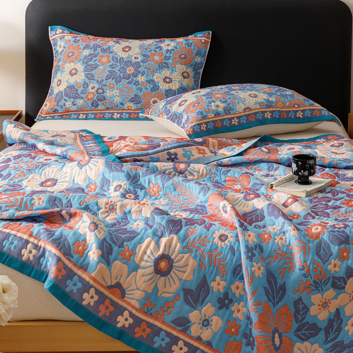 91家纺网 家纺一手货源 找家纺 朴尔家纺-毛巾被 2026新款彩棉云柔棉三层纱布毛巾被 花自盛开