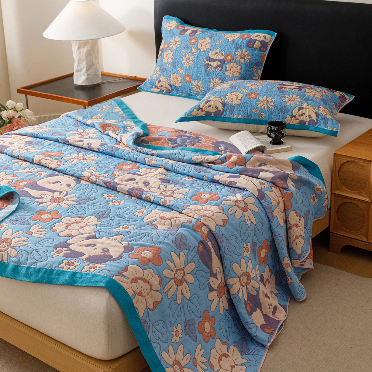 91家纺网 家纺一手货源 找家纺 朴尔家纺-毛巾被 2026新款彩棉云柔棉三层纱布毛巾被 熊猫派对