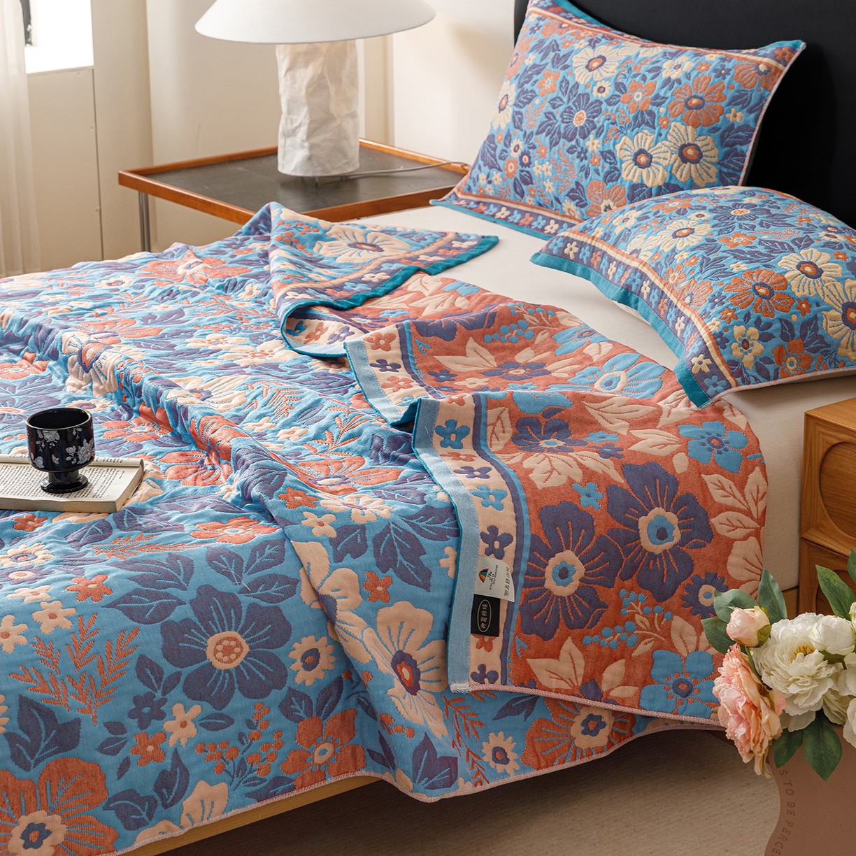 91家纺网 家纺一手货源 找家纺 朴尔家纺-毛巾被 2026新款彩棉云柔棉三层纱布毛巾被 花自盛开