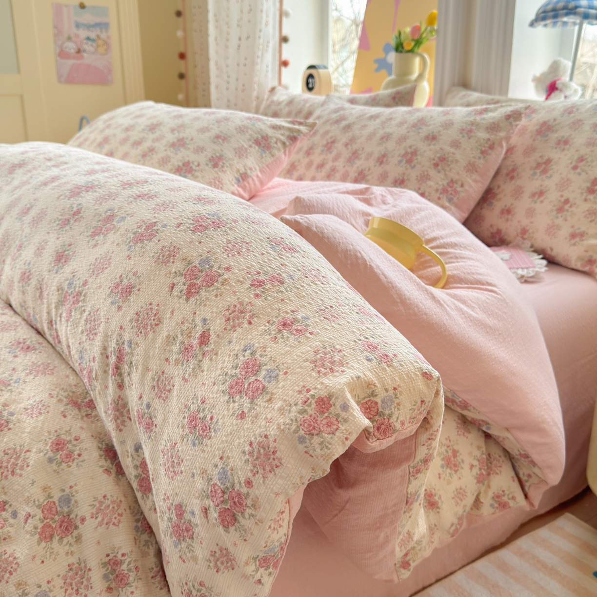 优承佳生活馆 2026年新款卡通小清新风格高克重超柔软糯泡芙双层纱面料三件套四件套单被套系列 满满