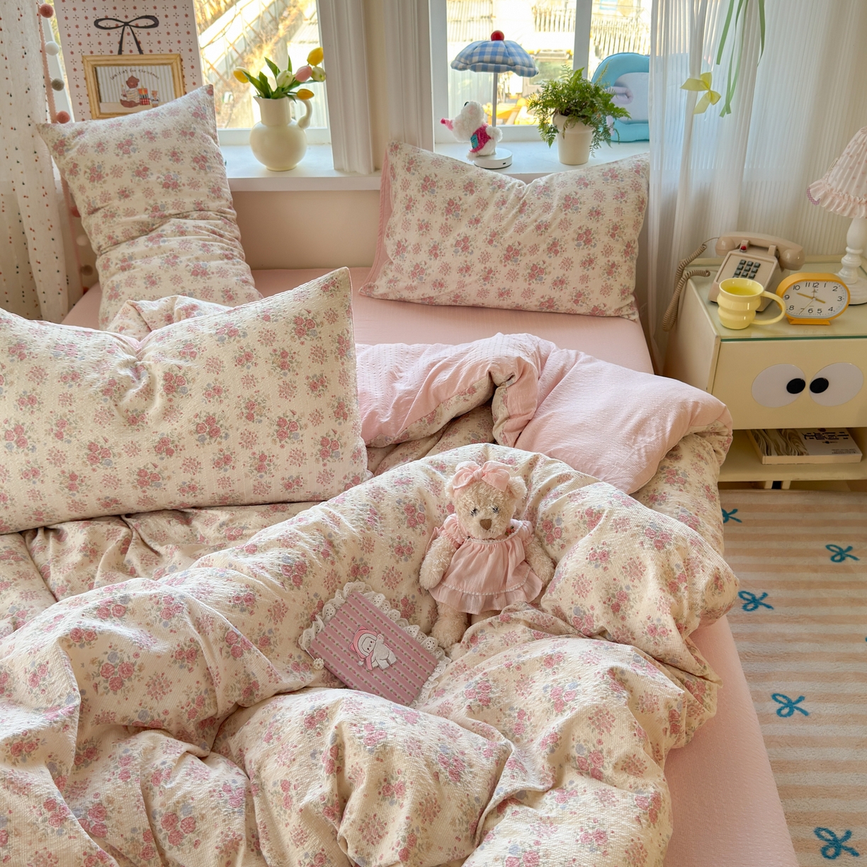 91家纺网 家纺一手货源 找家纺 优承佳生活馆 2026年新款卡通小清新风格高克重超柔软糯泡芙双层纱面料三件套四件套单被套系列 满满
