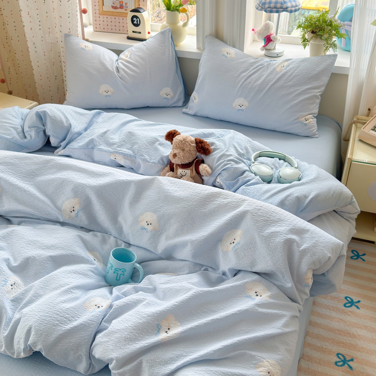 91家纺网 家纺一手货源 找家纺 优承佳生活馆 2026年新款卡通小清新风格高克重超柔软糯泡芙双层纱面料三件套四件套单被套系列 萌萌狗