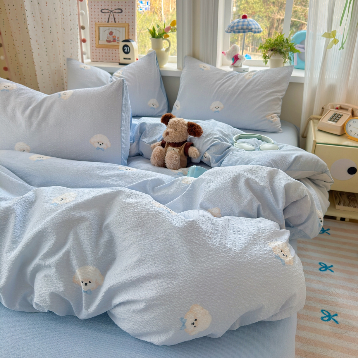 91家纺网 家纺一手货源 找家纺 优承佳生活馆 2026年新款卡通小清新风格高克重超柔软糯泡芙双层纱面料三件套四件套单被套系列 萌萌狗