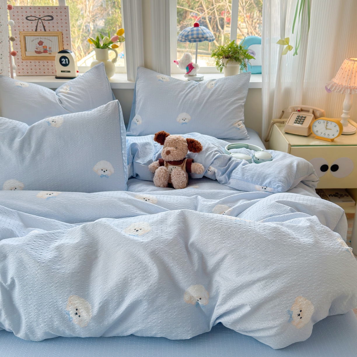 91家纺网 家纺一手货源 找家纺 优承佳生活馆 2026年新款卡通小清新风格高克重超柔软糯泡芙双层纱面料三件套四件套单被套系列 萌萌狗