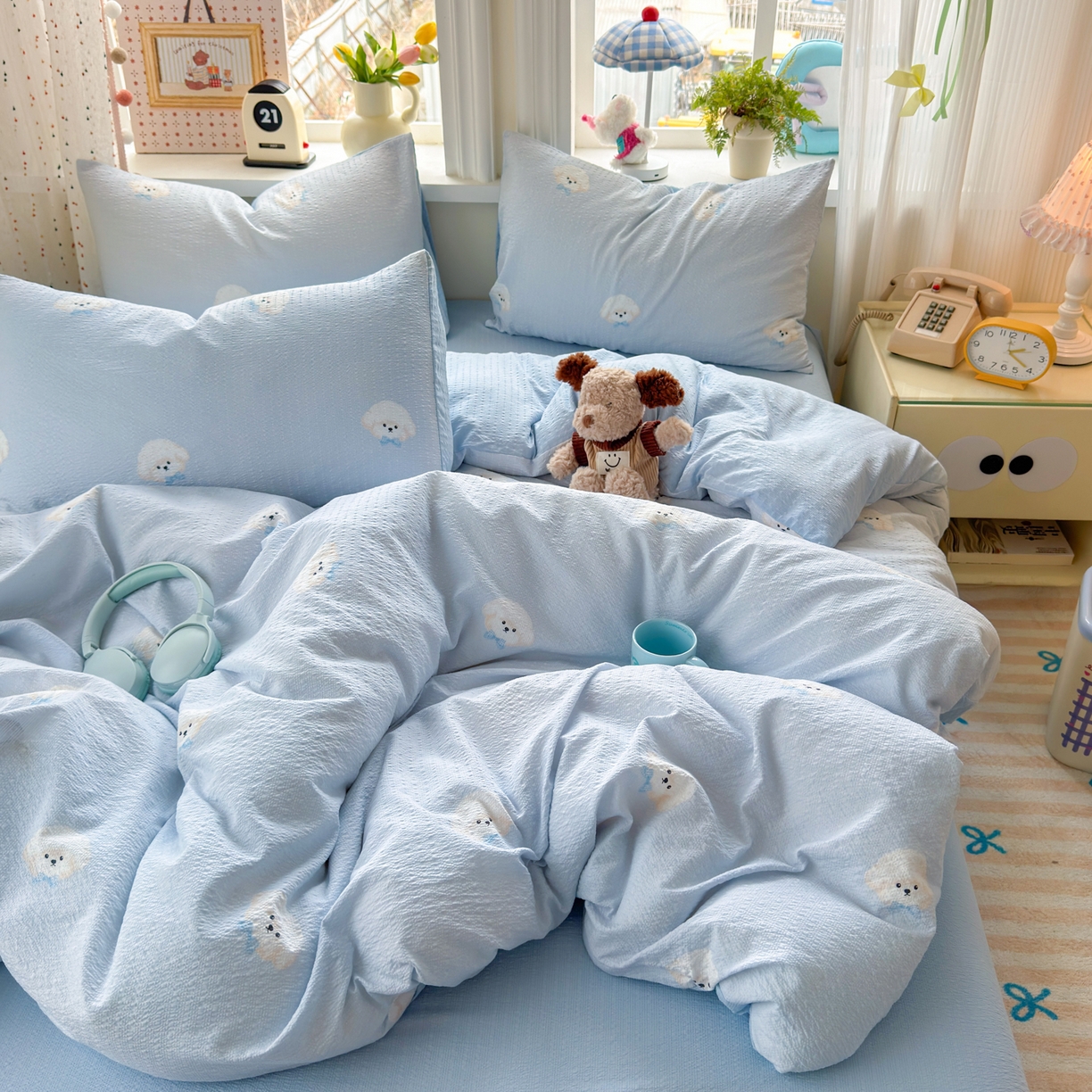 91家纺网 家纺一手货源 找家纺 优承佳生活馆 2026年新款卡通小清新风格高克重超柔软糯泡芙双层纱面料三件套四件套单被套系列 萌萌狗