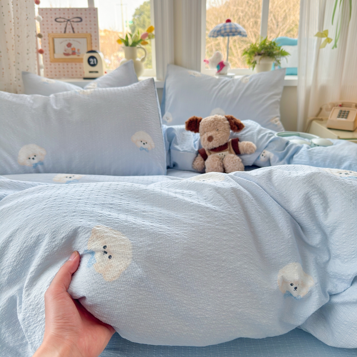 91家纺网 家纺一手货源 找家纺 优承佳生活馆 2026年新款卡通小清新风格高克重超柔软糯泡芙双层纱面料三件套四件套单被套系列 萌萌狗