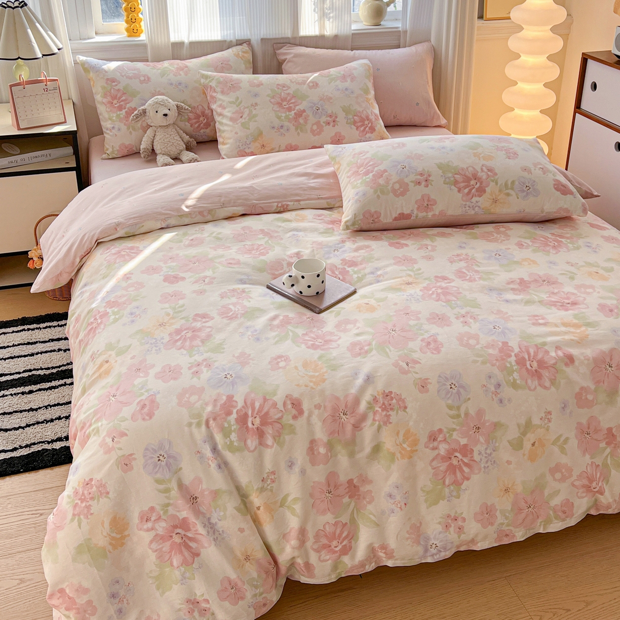 91家纺网 家纺一手货源 找家纺 盛馨家纺 2026年开学季春夏新品小清新全棉学生三件套四件套床笠四件套跑量款 富贵牡丹