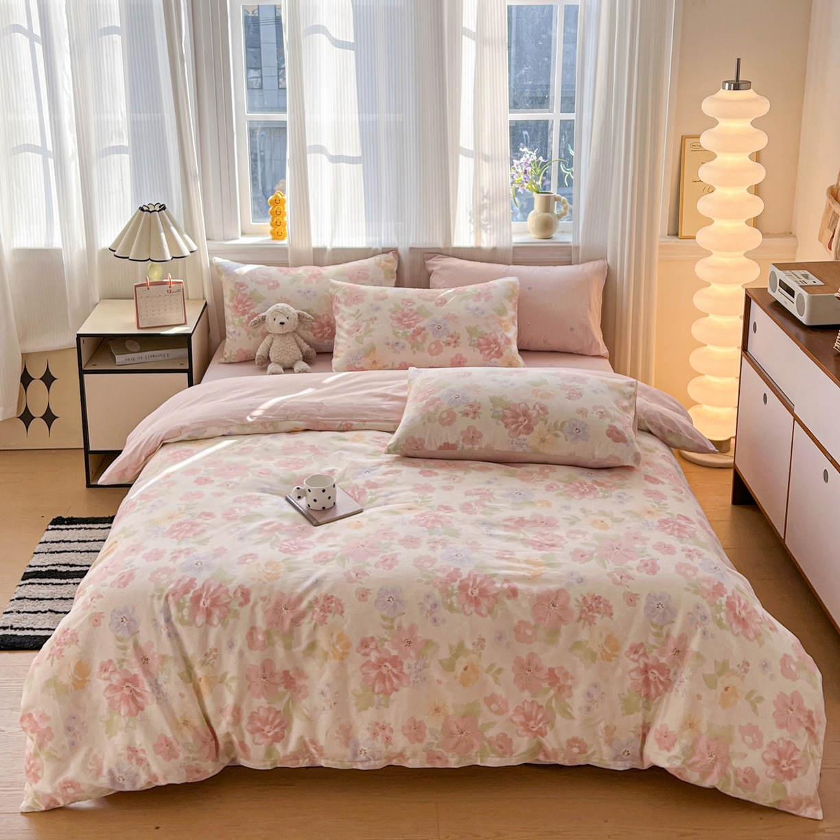 91家纺网 家纺一手货源 找家纺 盛馨家纺 2026年开学季春夏新品小清新全棉学生三件套四件套床笠四件套跑量款 富贵牡丹