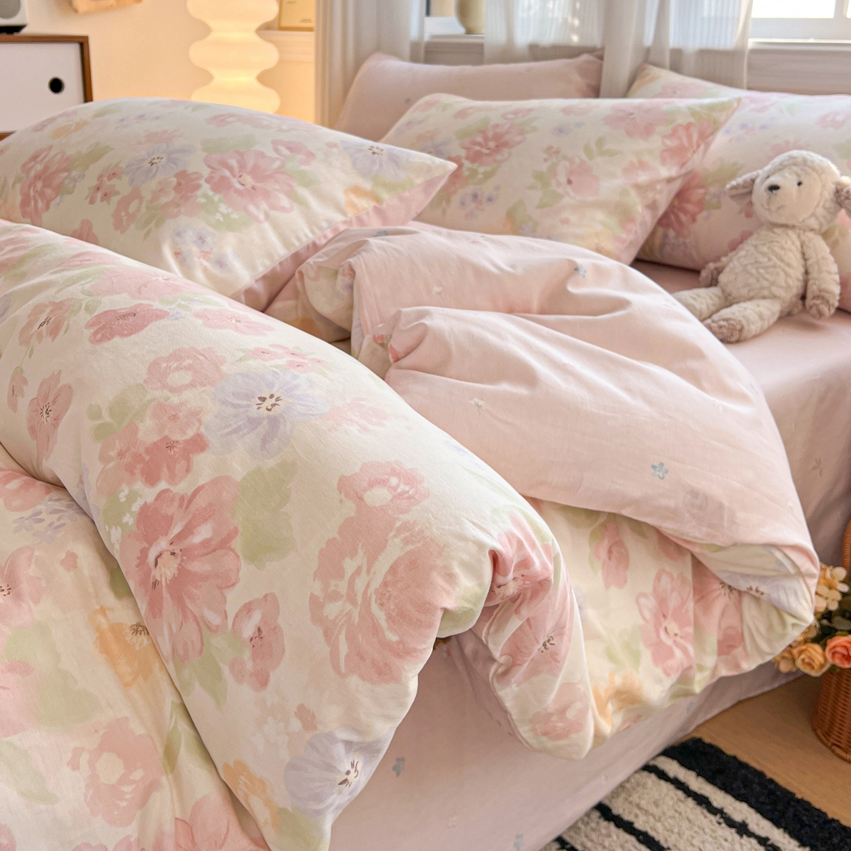 91家纺网 家纺一手货源 找家纺 盛馨家纺 2026年开学季春夏新品小清新全棉学生三件套四件套床笠四件套跑量款 富贵牡丹