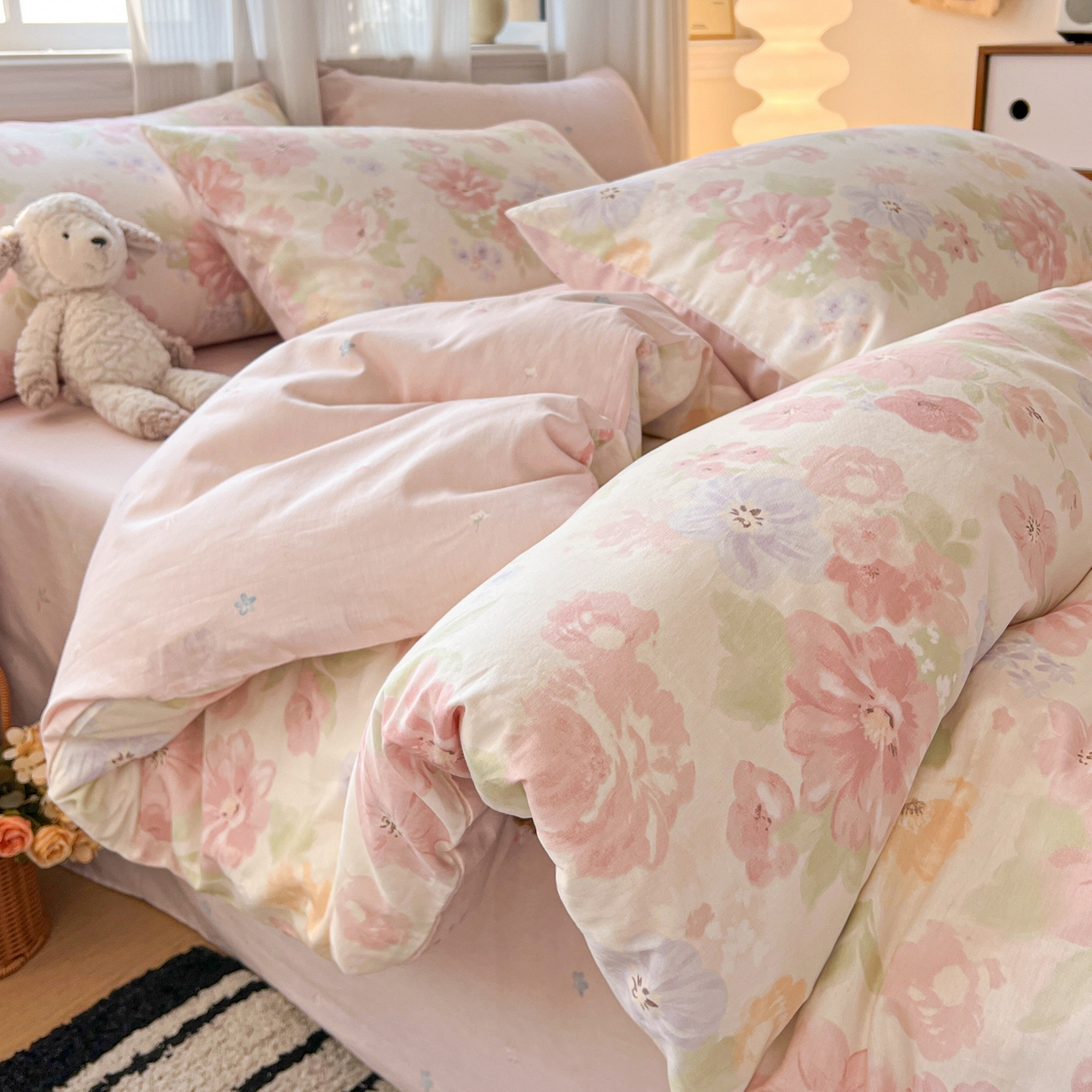 91家纺网 家纺一手货源 找家纺 盛馨家纺 2026年开学季春夏新品小清新全棉学生三件套四件套床笠四件套跑量款 富贵牡丹