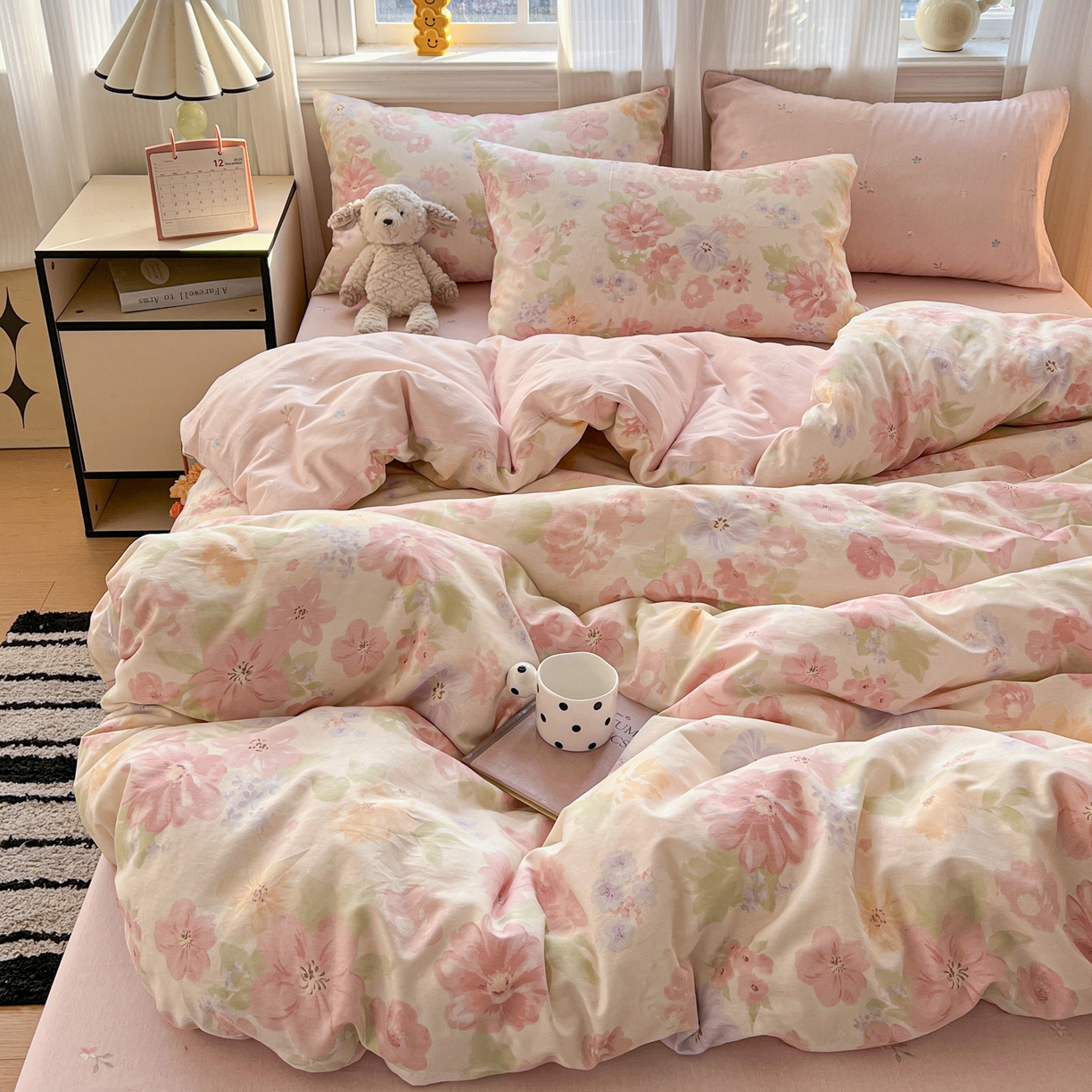 91家纺网 家纺一手货源 找家纺 盛馨家纺 2026年开学季春夏新品小清新全棉学生三件套四件套床笠四件套跑量款 富贵牡丹