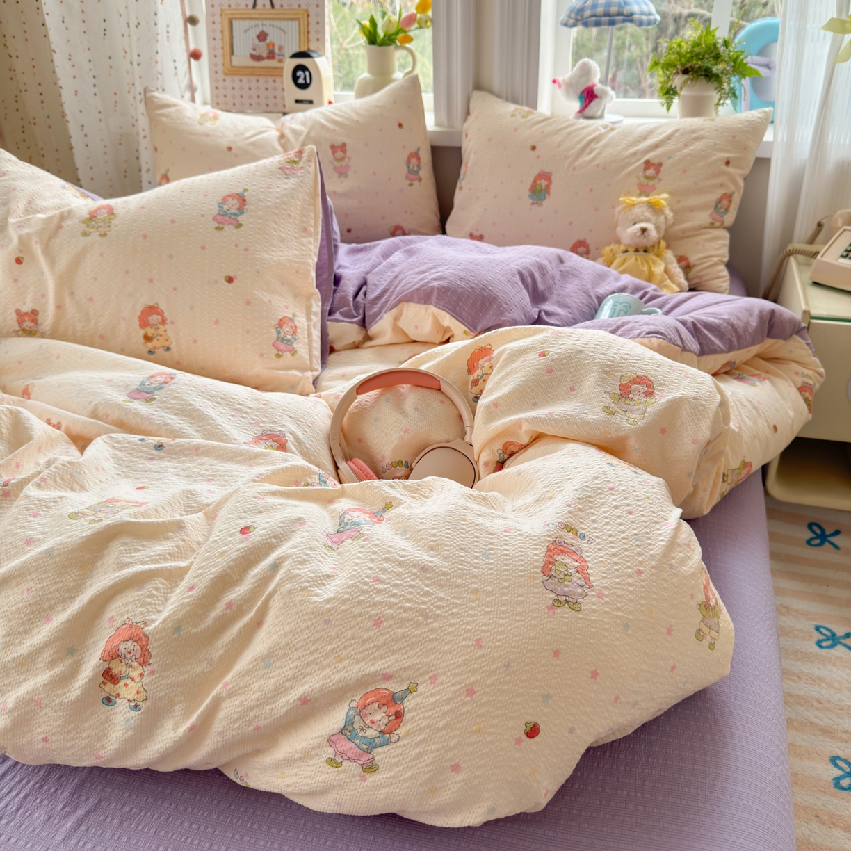 91家纺网 家纺一手货源 找家纺 优承佳生活馆 2026年新款卡通小清新风格高克重超柔软糯泡芙双层纱面料三件套四件套单被套系列 女孩日常