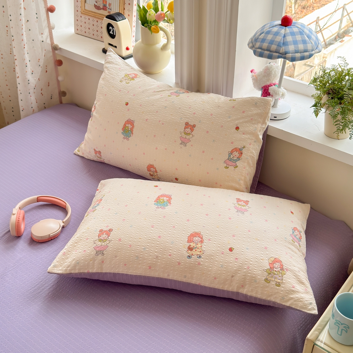 91家纺网 家纺一手货源 找家纺 优承佳生活馆 2026年新款卡通小清新风格高克重超柔软糯泡芙双层纱面料三件套四件套单被套系列 女孩日常