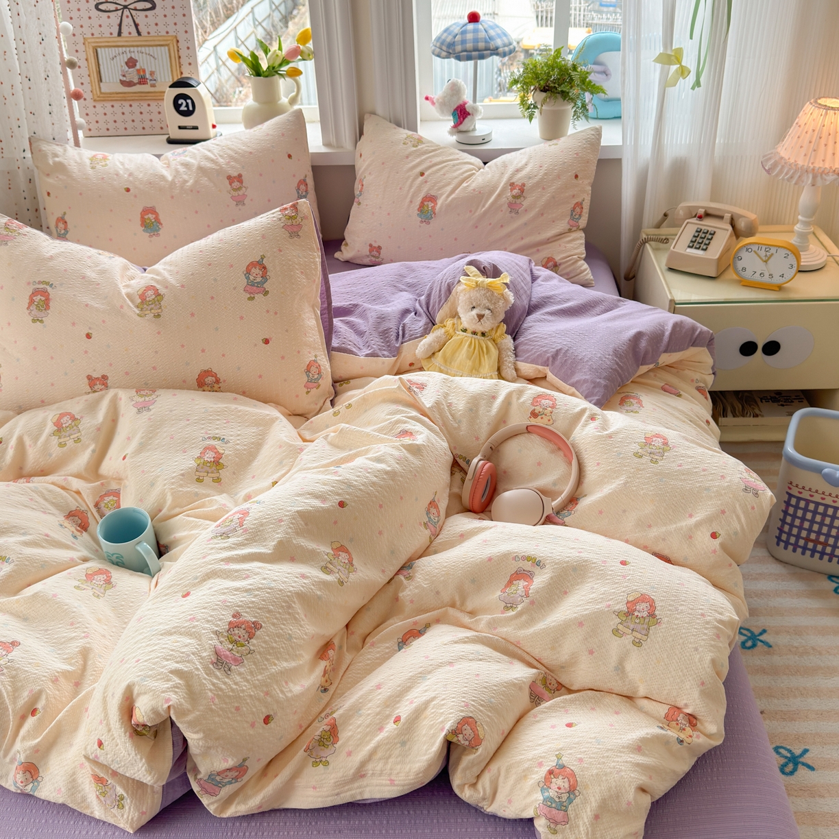 91家纺网 家纺一手货源 找家纺 优承佳生活馆 2026年新款卡通小清新风格高克重超柔软糯泡芙双层纱面料三件套四件套单被套系列 女孩日常